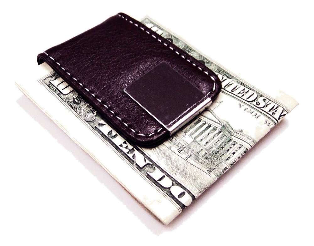 5835 Brown Leather Magnetic Money Clip with Chrome Design
